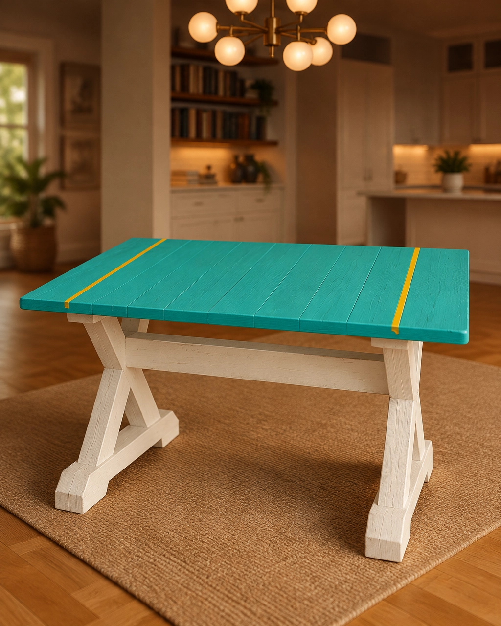 Jamie’s custom-built blue table with yellow detailing, view 1