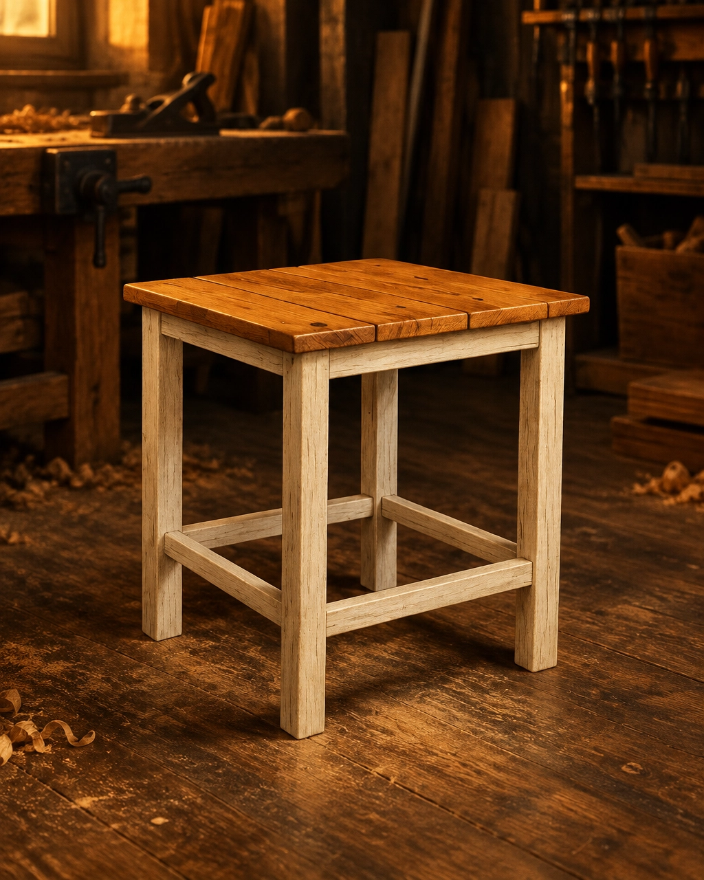 Jamie’s handcrafted wooden stool, view 1