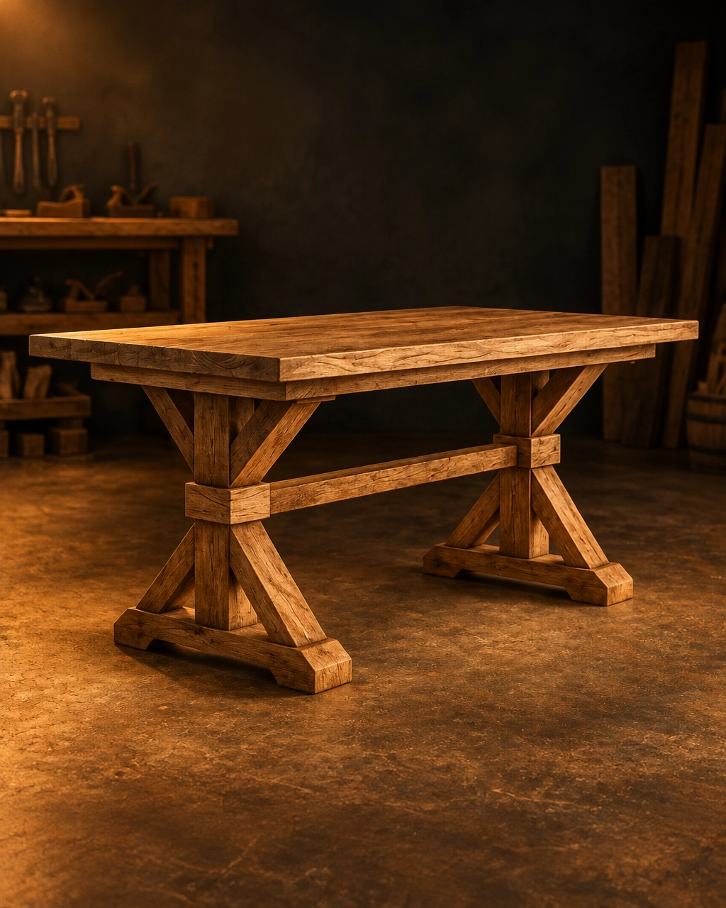 Jamie’s handmade wooden trestle table, view 1