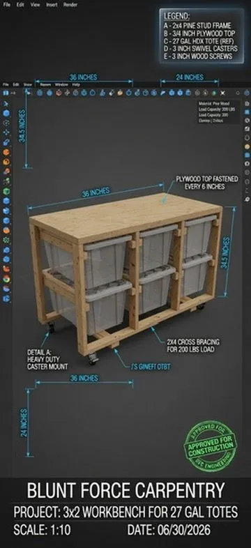 Blue CAD rendering and hand sketch of a custom 3-by-2 workbench for 27-gallon totes, view 2