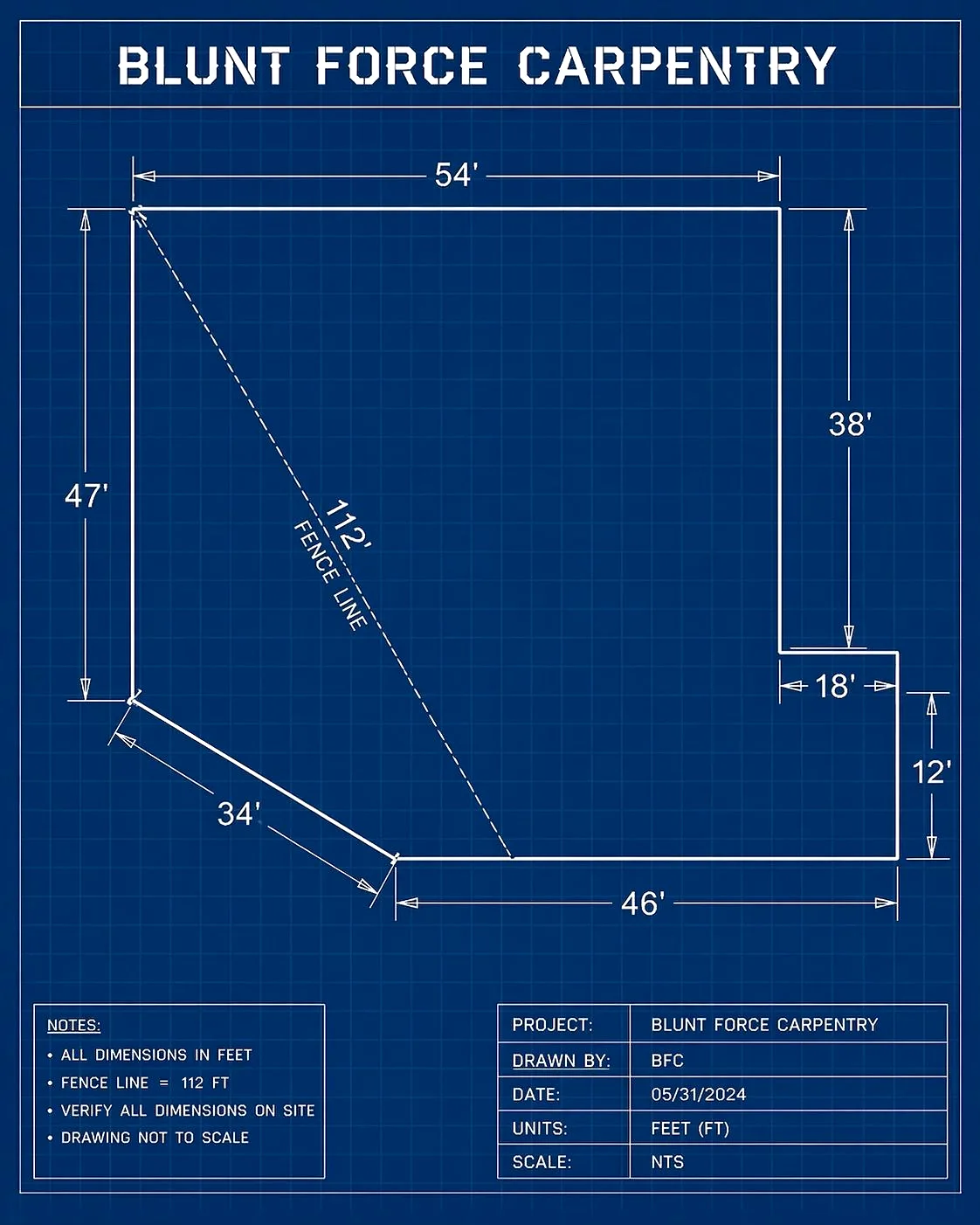Dimensioned property layout drawing from a past project, view 1