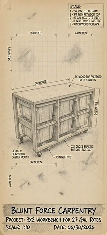 Blue CAD rendering and hand sketch of a custom 3-by-2 workbench for 27-gallon totes, view 1